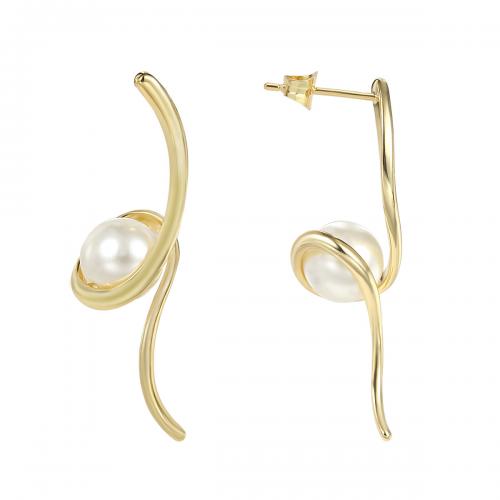 Messing oorbelknoppen, met Plastic Pearl, plated, voor vrouw, gouden, Verkocht door pair