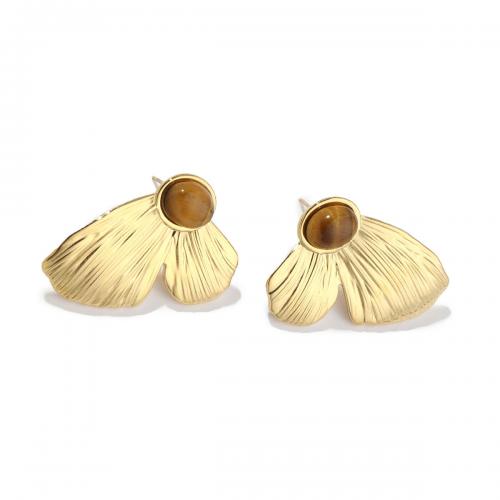 Roestvrij staal Stud Earrings, 304 roestvrij staal, met Tiger Eye, Vlinder, 18K vergulde, mode sieraden & voor vrouw, gouden, 24x37mm, Verkocht door pair