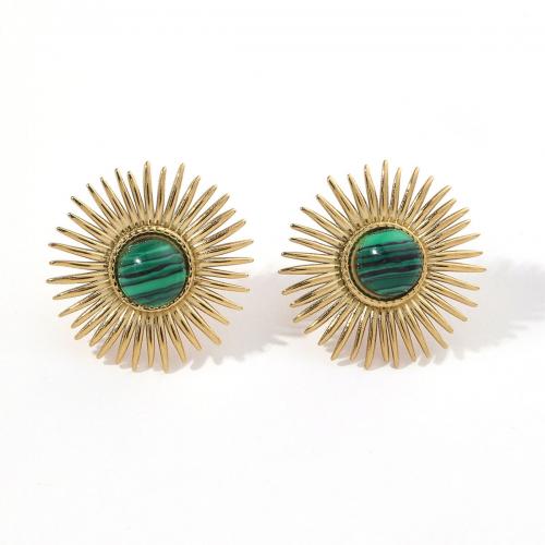 Boucle d'oreille de gaujon en acier inoxydable, Acier inoxydable 304, avec Malachite, Plaqué d'or 18K, bijoux de mode & pour femme, doré, 20x20mm, Vendu par paire