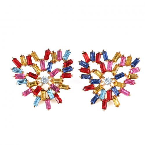 Pendientes de Perno de Aleación de Zinc, Corazón, Joyería & para mujer & con diamantes de imitación, multicolor, libre de níquel, plomo & cadmio, 33x33mm, Vendido por Par