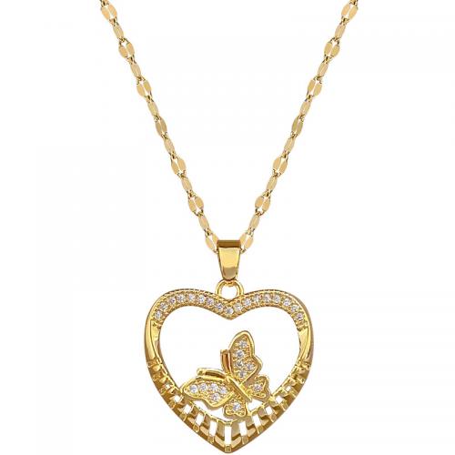 Titanium Steel Necklace with Brass with 2inch extender chain Heart gold color plated for woman & with rhinestone & hollow Length Approx 15.7 Inch Sold By PC