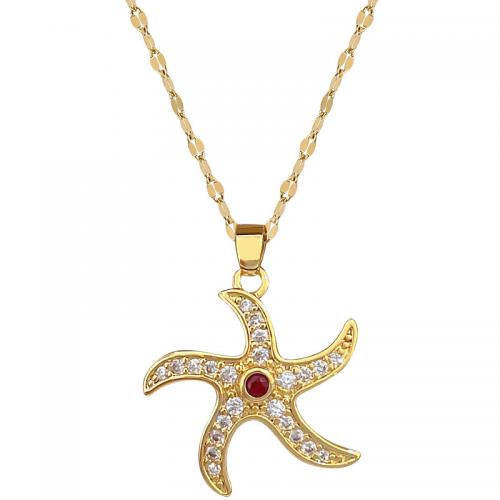 Acier titane collier, avec laiton, avec 2inch chaînes de rallonge, étoile de mer, Placage de couleur d'or, pour femme & avec strass, Longueur Environ 15.7 pouce, Vendu par PC