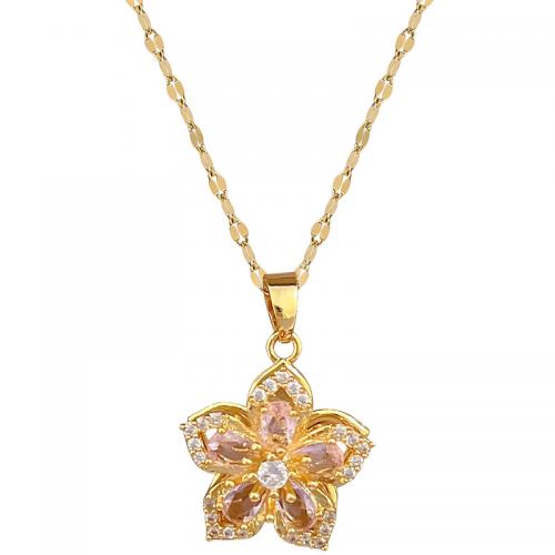 Acier titane collier, avec laiton, avec 2inch chaînes de rallonge, fleur, Placage de couleur d'or, rotatif & pour femme & avec strass, Longueur Environ 15.7 pouce, Vendu par PC