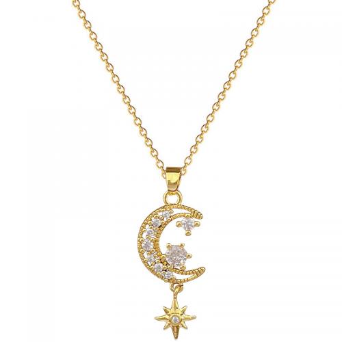 Acier titane collier, avec laiton, avec 2inch chaînes de rallonge, Lune et Etoile, Placage de couleur d'or, pour femme & avec strass & creux, Longueur Environ 15.7 pouce, Vendu par PC