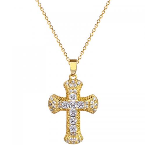 Titantium acciaio collana, with ottone, with 2inch extender chain, Croce, placcato color oro, Micro spianare cubic zirconia & per la donna, Lunghezza Appross. 15.7 pollice, Venduto da PC