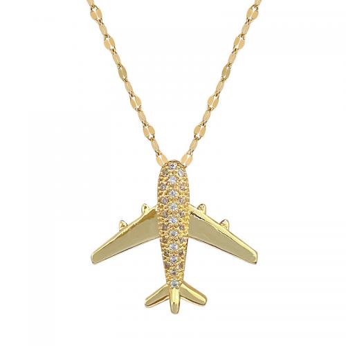 Acier titane collier, avec laiton, avec 2inch chaînes de rallonge, avion, Placage de couleur d'or, pour femme & avec strass, Longueur Environ 15.7 pouce, Vendu par PC