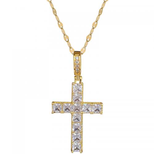 Titantium acciaio collana, with ottone, with 2inch extender chain, Croce, placcato color oro, Micro spianare cubic zirconia & per la donna, Lunghezza Appross. 15.7 pollice, Venduto da PC