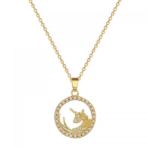 Acier titane collier, avec laiton, avec 2inch chaînes de rallonge, Licorne, Placage de couleur d'or, pavé de micro zircon & pour femme & creux, Longueur Environ 15.7 pouce, Vendu par PC