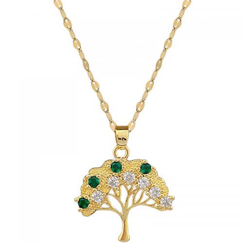 Titantium acciaio collana, with ottone, with 2inch extender chain, Albero della vita, placcato color oro, per la donna & con strass, Lunghezza Appross. 15.7 pollice, Venduto da PC