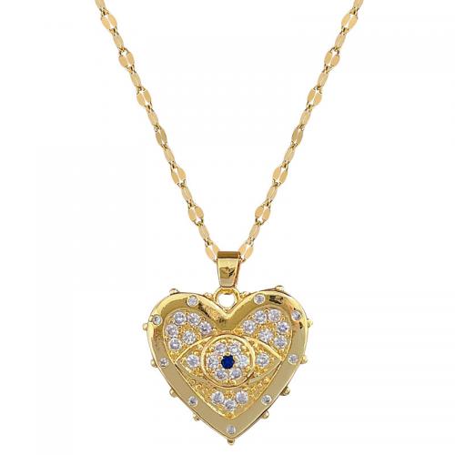 Acier titane collier, avec laiton, avec 2inch chaînes de rallonge, coeur, Placage de couleur d'or, motif de mauvais œil & pour femme & avec strass, Longueur Environ 15.7 pouce, Vendu par PC