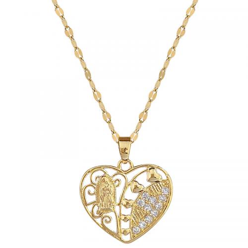 Titantium acciaio collana, with ottone, with 2inch extender chain, Cuore, placcato color oro, per la donna & con strass & cavo, Lunghezza Appross. 15.7 pollice, Venduto da PC