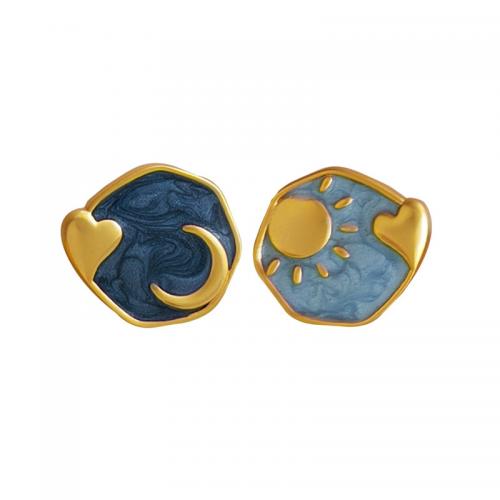 Boucles d'oreilles asymétriques, laiton, Plaqué d'or, bijoux de mode & pour femme & émail, bleu, protéger l'environnement, sans nickel, plomb et cadmium, 15x17mm, Vendu par paire