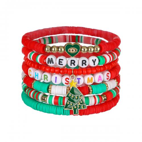 Pulseiras do  Natal, argila de polímero, with Aço inoxidável 304, 7 peças & Design de Natal & joias de moda & para mulher, cores misturadas, vendido por Defina