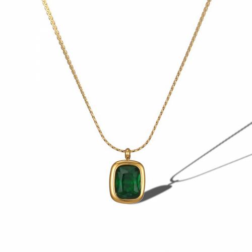 Collier d'acier titane, avec cristal, avec 5cm chaînes de rallonge, rectangle, bijoux de mode & pour femme, vert, protéger l'environnement, sans nickel, plomb et cadmium, Longueur Environ 45 cm, Vendu par PC