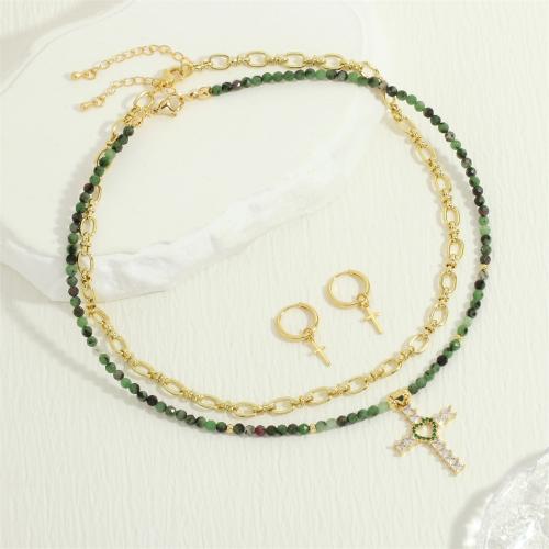 Gioielli Brass Set, ottone, with Chips Gemstone, Croce, placcato color oro, stili diversi per la scelta & Micro spianare cubic zirconia & per la donna, nessuno, assenza di nichel,piombo&cadmio, Venduto da PC