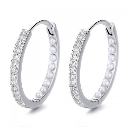 Cubic Zirconia Micro Pave Sterling Sølv Øreringe, 925 Sterling Sølv, med Plastic Pearl, forgyldt, Micro Pave cubic zirconia & for kvinde, flere farver til valg, 18x18.80mm, Solgt af par