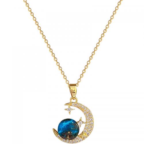 Acier titane collier, avec résine & laiton, avec 2inch chaînes de rallonge, lune, Placage de couleur d'or, pavé de micro zircon & pour femme, Longueur Environ 15.7 pouce, Vendu par PC