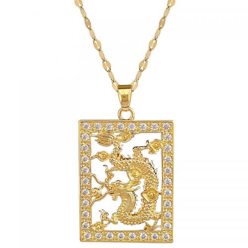 Acier titane collier, avec laiton, avec 2inch chaînes de rallonge, dragon, Placage de couleur d'or, pour femme & avec strass & creux, Longueur Environ 15.7 pouce, Vendu par PC