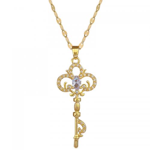 Titantium acciaio collana, with ottone, with 2inch extender chain, Chiave, placcato color oro, per la donna & con strass & cavo, Lunghezza Appross. 15.7 pollice, Venduto da PC