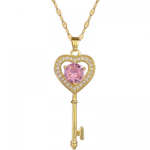 Titantium acciaio collana, with ottone, with 2inch extender chain, Chiave, placcato color oro, per la donna & con strass & cavo, Lunghezza Appross. 15.7 pollice, Venduto da PC