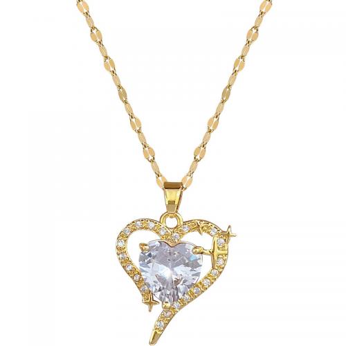 Acier titane collier, avec laiton, avec 2inch chaînes de rallonge, coeur, Placage de couleur d'or, pavé de micro zircon & pour femme & creux, Longueur Environ 15.7 pouce, Vendu par PC