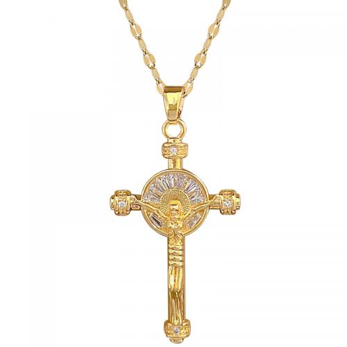 Acier titane collier, avec laiton, avec 2inch chaînes de rallonge, Crucifix, Placage de couleur d'or, pour femme & avec strass, Longueur Environ 15.7 pouce, Vendu par PC