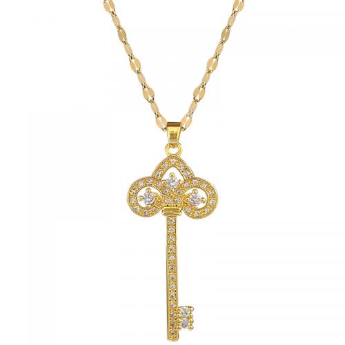 Titantium acciaio collana, with ottone, with 2inch extender chain, Chiave, placcato color oro, per la donna & con strass & cavo, Lunghezza Appross. 15.7 pollice, Venduto da PC