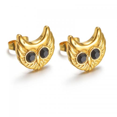 Roestvrij staal Stud Earrings, 304 roestvrij staal, Uil, mode sieraden & voor vrouw & met strass, gouden, 12x12mm, Verkocht door pair