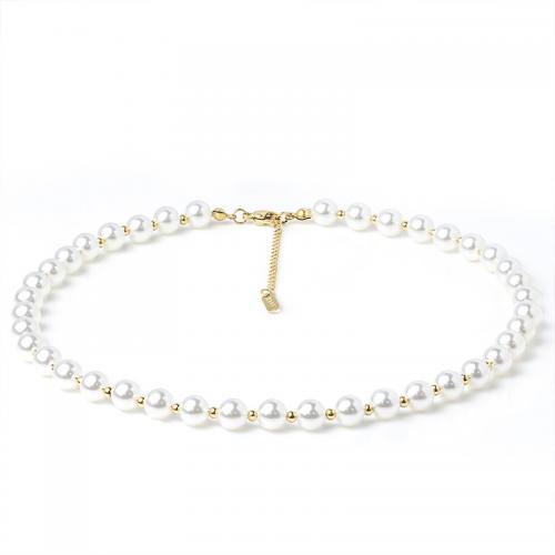 Collier d'acier titane, avec Shell Pearl, avec 5cm chaînes de rallonge, Rond, bijoux de mode & pour femme, blanc, protéger l'environnement, sans nickel, plomb et cadmium, 8mm, Longueur Environ 40 cm, Vendu par PC