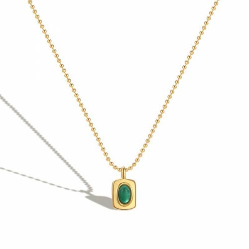 Collier d'acier titane, avec Acrylique, avec 5cm chaînes de rallonge, rectangle, bijoux de mode & pour femme, vert, protéger l'environnement, sans nickel, plomb et cadmium, 8x10mm, Longueur Environ 40 cm, Vendu par PC