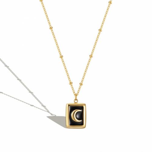 Collier d'acier titane, avec 5cm chaînes de rallonge, rectangle, bijoux de mode & pour femme & émail, noire, protéger l'environnement, sans nickel, plomb et cadmium, 12x15mm, Longueur Environ 40 cm, Vendu par PC