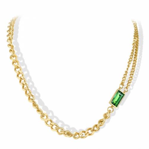 Collier d'acier titane, avec zircon cubique, avec 5cm chaînes de rallonge, Double couche & bijoux de mode & pour femme, vert, protéger l'environnement, sans nickel, plomb et cadmium, 3mm, Longueur Environ 46 cm, Vendu par PC