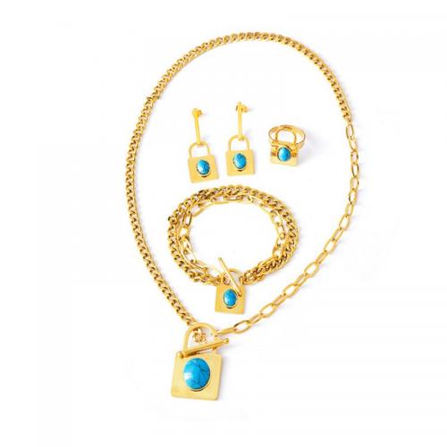 Parures de bijoux, bague, anneau & Bracelet & boucle d'oreille & collier, Acier titane, avec turquoise, 4 pièces & bijoux de mode & pour femme, doré, Longueur Environ 49 cm, Environ 20 cm, Vendu par fixé