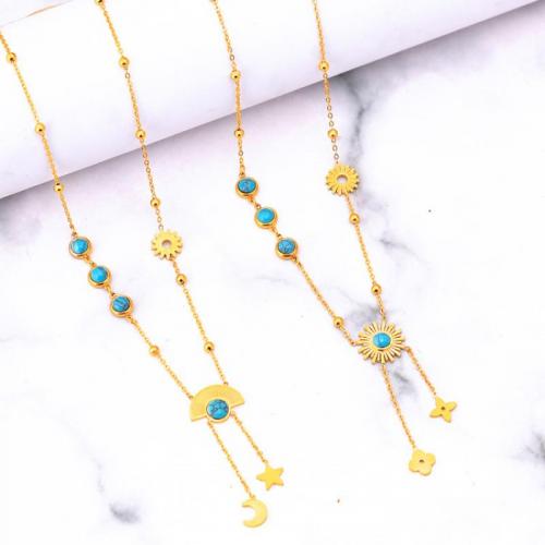 Collier d'acier titane, avec turquoise, avec 6cm chaînes de rallonge, bijoux de mode & styles différents pour le choix & pour femme, doré, Longueur Environ 40 cm, Vendu par PC