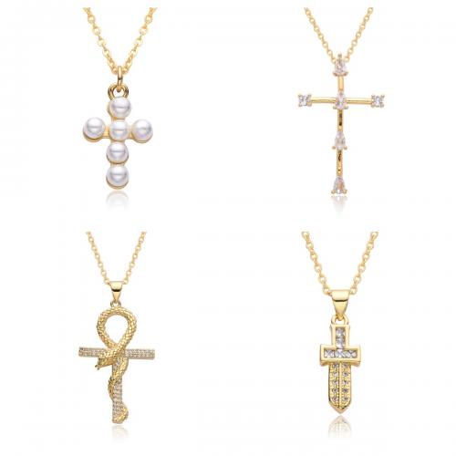 Kubieke Zirkoon Micro Pave Brass Ketting, Messing, met Plastic Pearl, plated, verschillende stijlen voor de keuze & micro pave zirconia & voor vrouw, gouden, Lengte Ca 41-50 cm, Verkocht door PC