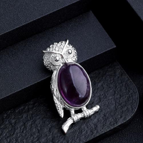 Gemstone Pendants Jewelry Natural Stone with Zinc Alloy Owl silver color plated DIY Sold By PC