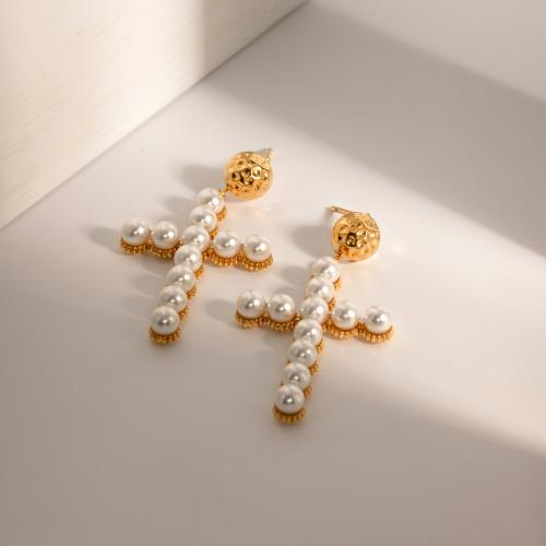 Cruach dhosmálta Buail Earring, 304 Cruach dhosmálta, le ABS Pearl plaisteach, Cross, plátáilte, jewelry faisin, órga, 22x42mm, Díolta De réir Péire