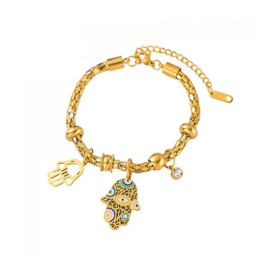 Partículas de acero Pulsera, con 2inch extender cadena, Hamsa, chapado en color dorado, para mujer & esmalte & con diamantes de imitación & hueco, longitud aproximado 7.9 Inch, Vendido por UD