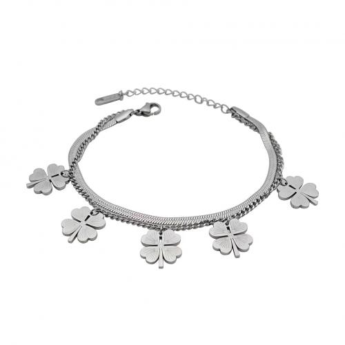 Titanium Steel Βραχιόλι, Four Leaf Clover, επιχρυσωμένο, Διπλό επίπεδο & φίδι αλυσίδα & για τη γυναίκα, περισσότερα χρώματα για την επιλογή, Μήκος Περίπου 7 inch, Sold Με PC