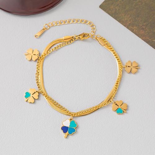 Acier titane bracelet, avec 2inch chaînes de rallonge, Trèfle à quatre feuilles, Placage de couleur d'or, Double couche & chaîne serpent & pour femme & émail, Longueur Environ 7 pouce, Vendu par PC