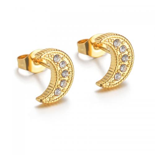 Roestvrij staal Stud Earrings, 304 roestvrij staal, Maan, mode sieraden & micro pave zirconia & voor vrouw, gouden, 10mm, Verkocht door pair