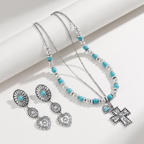 Zinklegering Sieraden Sets, Zinc Alloy, met Synthetische Turquoise, met 7cm extender keten, silver plated, mode sieraden & voor vrouw, nikkel, lood en cadmium vrij, Lengte Ca 48 cm, Ca 56 cm, Verkocht door PC