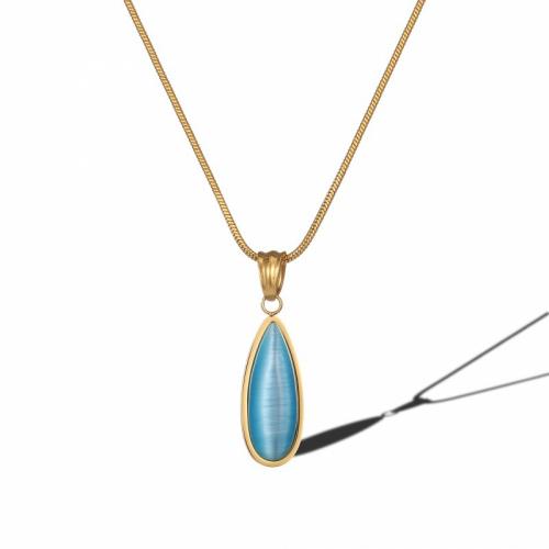 Collier d'acier titane, avec Oeil de chat, avec 5cm chaînes de rallonge, larme, bijoux de mode & pour femme, bleu, protéger l'environnement, sans nickel, plomb et cadmium, Longueur Environ 40 cm, Vendu par PC