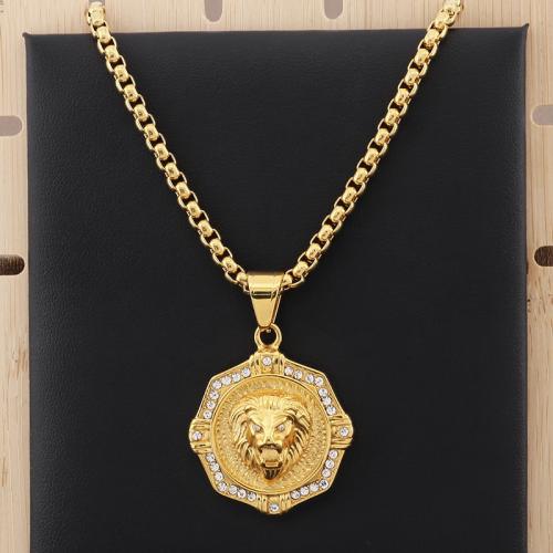 Stainless Steel Jewelry Necklace 304 Stainless Steel Lion Vacuum Ion Plating fashion jewelry & for man & with rhinestone Sold By PC