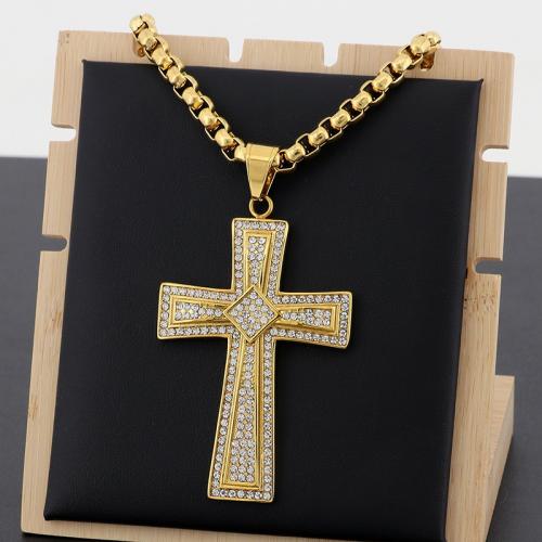 Stainless Steel Jewelry Necklace 304 Stainless Steel Cross Vacuum Ion Plating fashion jewelry & for man & with rhinestone Sold By PC