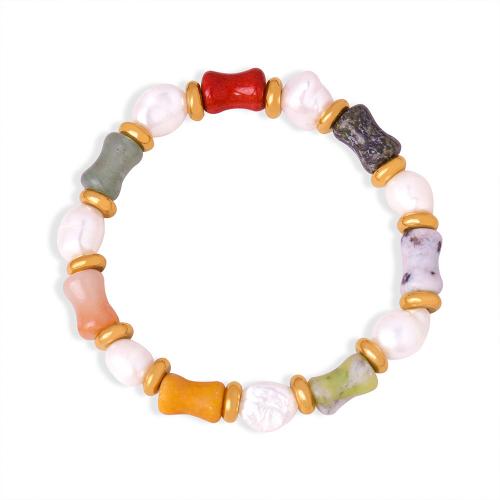 Pulseira de aço titânio, Partículas de aço, with Pedra natural & Pérolas de água doce, feito à mão, para mulher, multi colorido, vendido por PC