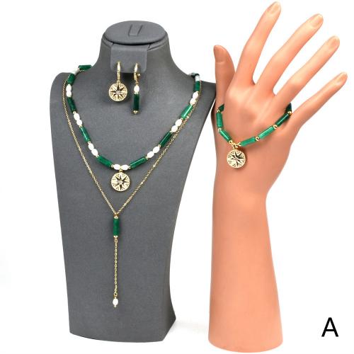 Brass Nakit Set, Mesing, s Dragi kamen & Green Agate, pozlaćen, različiti materijali za izbor & različitih stilova za izbor & micro utrti kubni cirkonij & za žene, više boja za izbor, Prodano By PC