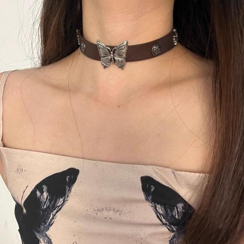 Zinc Alloy choker Ketting, met PU, Vlinder, plated, Vintage & voor vrouw, Lengte Ca 16 inch, Verkocht door PC