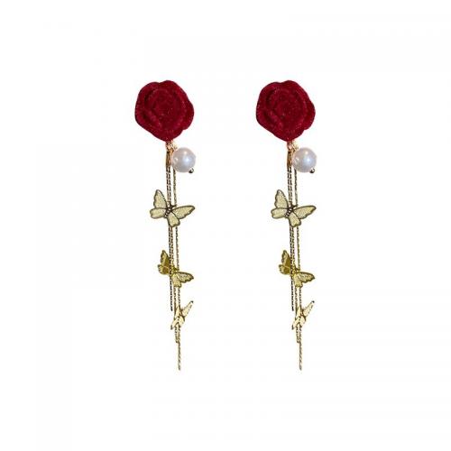 Zinc Alloy Tassel Earring, med Velour & Plastic Pearl, Flower, guldfarve belagt, mode smykker & for kvinde, 20x100mm, Solgt af par