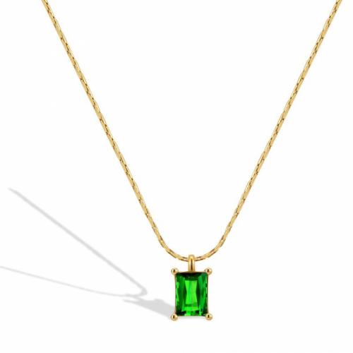 Collier d'acier titane, avec zircon cubique, avec 5cm chaînes de rallonge, rectangle, bijoux de mode & pour femme, vert, protéger l'environnement, sans nickel, plomb et cadmium, 6x8mm, Longueur Environ 45 cm, Vendu par PC